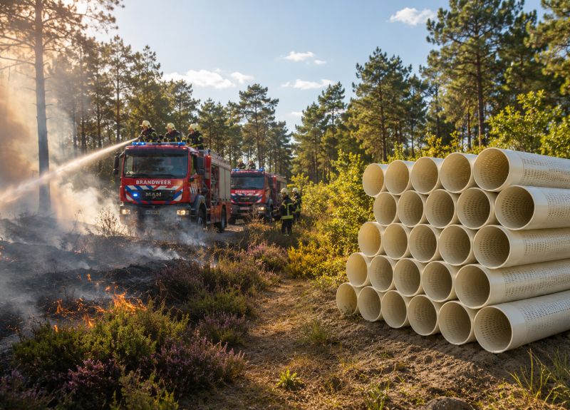 Fire engines extinguishing a heath fire in a forest, with a stack of perforated PVC pipes in the foreground.